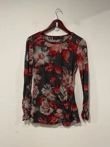 Gordon Smith Blouse Women Size 10 Black Red Floral Long Sleeve Round Neck Ruched - Picture 1 of 13