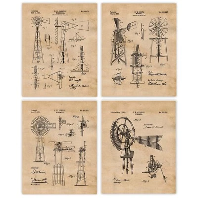 Classic Windmill Patent Prints, 4 (8x10) Art Decor Home Work Farm Ranch Office - Image 1 of 4