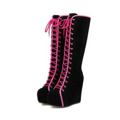 Ladies Punk Gothic Combat Knee High Boots Wedge Heels Platform Shoes Size 2.5-7  - Image 1 of 4