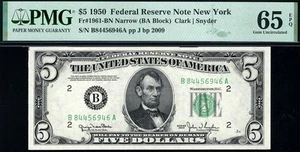 1950 $5 New York *NARROW* Federal Reserve Note FRN • 1961-B • PMG 65 EPQ - Picture 1 of 2