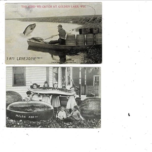 (2) Cartoline surreali - Lotto di 2: Pesca di A S Johnson ed Esagerazioni sull'anguria - Foto 1 di 2