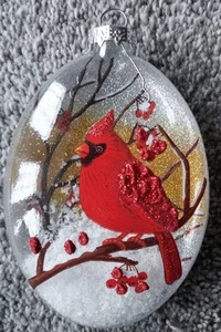 Oval Cardinal On a Branch Snowy Christmas Tree Ornament 5in. Tall - Picture 1 of 12