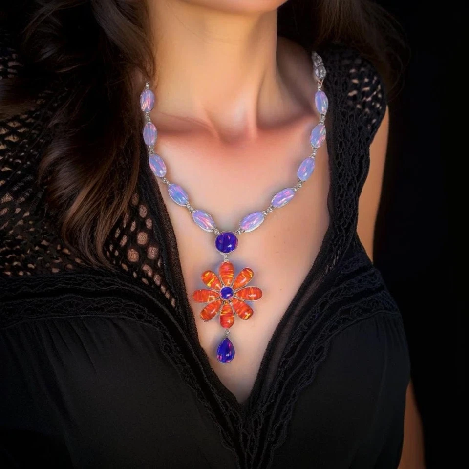 200 KT Laboratrio Fuoco Opale 925 Argento Sterling Collane Ciondolo Splendido Da - Immagine 1 di 4