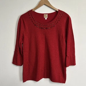 JM Collection Women’s Petite Large Red Metallic Beaded Sweater Holiday Party - Picture 1 of 13