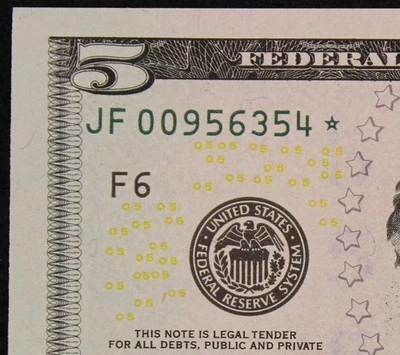 $5 2009 GEM CU Star Federal Reserve Note JF00956354* five dollar, F6 Atlanta - Image 1 of 3