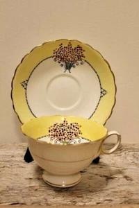 Atlas Art Deco Yellow banded Urn of Flowers Pedestal Wide Mouth Cup & Saucer - Picture 1 of 5