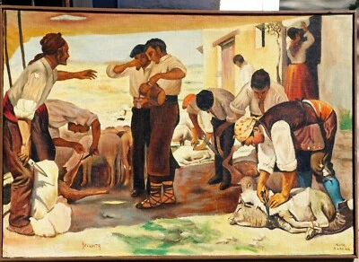 Azuquita Rota España, óleo/lienzo grande vintage, estilo Diego Rivera Foto 1 de 3