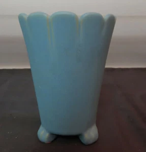 WELLER POTTERY, Flared Top, ribbed Rim / Matte Blue Vase C. 1900  5 " t. - Picture 1 of 10