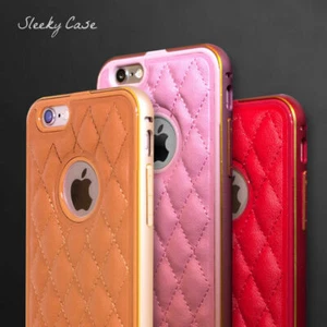 Quilted Leather Shield Metal Bumper Diamond Pattern Case for iPhone 6 6s Plus - Picture 1 of 27