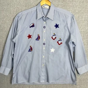Vtg Mili Designs Nautical Button Down Shirt Striped XL Patriotic USA Stars Boats - Picture 1 of 16