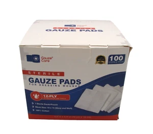 NEW Box Gauze Care Sterile Pads 100 Ct 4x4 Individual 12 Ply Wounds Dressing Cut - Picture 1 of 9