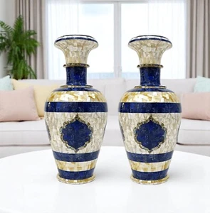 24'' Marble Flower Vase Set 2 Mother of Pearl and Lapis Lazuli Inlay Home Decor - Picture 1 of 8