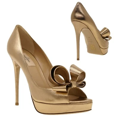 Valentino Garavani Pumps Couture Bow Gold Leather Size 39.5 New - Image 1 of 4