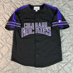 VINTAGE Starter Colorado Rockies Jersey Boys Large Black MLB Baseball Buttons - Picture 1 of 8