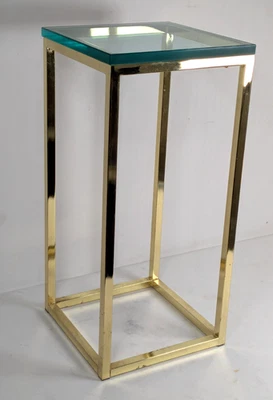 Milo Baughman Style Accent Table - Thick Glass Top, Antique Brass Gold Finish - Image 1 of 4