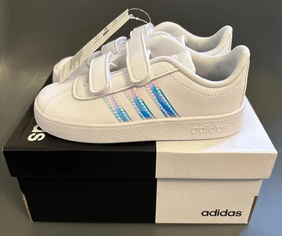 Adidas Niños Pequeños 9K Zapatos, VL Court 2 CMF, Blanco Iridiscente Tenis Nuevos en Caja Foto 1 de 4
