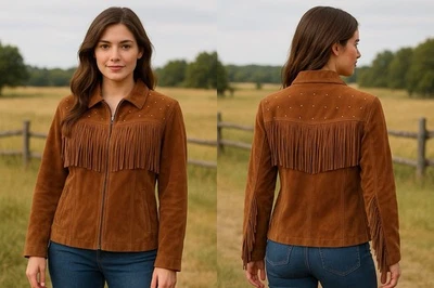 Abrigo Chaqueta Y2K Gamuza Flecos Marrón Estrás Western Country Vaquera Cuero S Foto 1 de 4