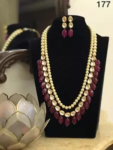 Indian Gold Plated Kundan Long Bridal Necklace Earrings Bollywood Jewelry Set - Picture 1 of 3