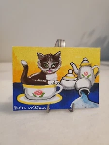 ACEO OOAK KITTEN TEA PARTY, CAT LOVERS CUTE ART ORIGINAL, E.WILLIAM.S - Picture 1 of 3