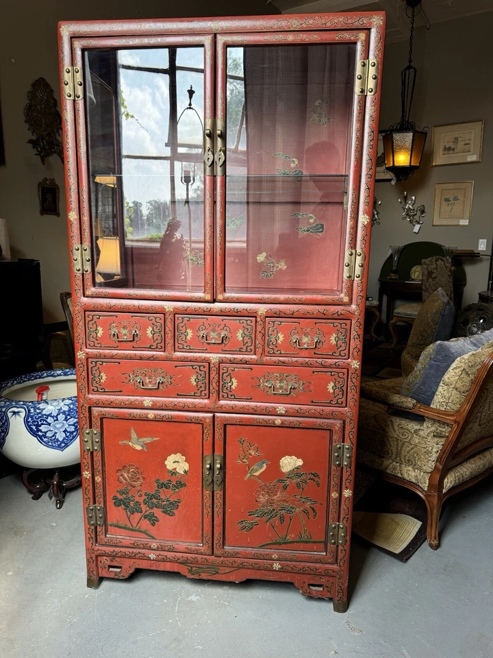 Vintage Two Cupboard Five Drawer Hand Painted Chinoiserie Cabinet - Image 1 of 4
