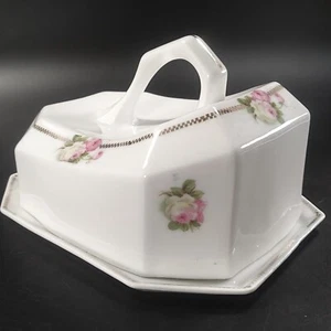 Beyer & Bock Butter Cheese Dish Pink Yellow Roses Gold Checker Band c. 1905-1931 - Picture 1 of 17