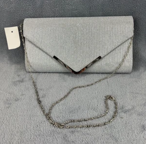 Pulama Evening Bag Silver Glitter w Chain Strap Clutch Purse Handbag Prom AS IS - Picture 1 of 14