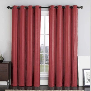Two (2) Burgundy Crushed Jacquard Window Curtain Panels: Stripe Design, Grommets - Picture 1 of 2