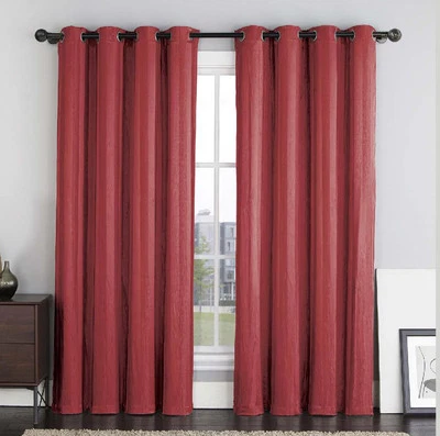 Two (2) Burgundy Crushed Jacquard Window Curtain Panels: Stripe Design, Grommets - Image 1 of 2