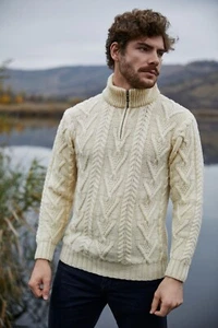 SAOL Irish Fisherman Sweater Men's Half Zip Cable Knit Pullover 100% Merino Wool - Picture 1 of 11