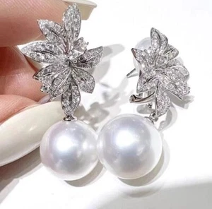 Gorgeous AAA 10-11mm Natural South Sea Round White Pearl Earring 925s - Picture 1 of 3