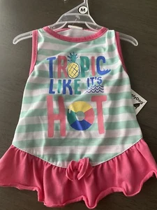 SIMPLY DOG  Green Stripe Pink Trim "TROPIC LIKE IT'S HOT" DRESS Dog/Puppy MEDIUM - Picture 1 of 2