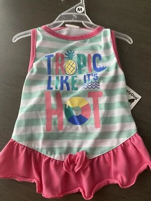 SIMPLY DOG  Green Stripe Pink Trim "TROPIC LIKE IT'S HOT" DRESS Dog/Puppy MEDIUM - Image 1 of 2