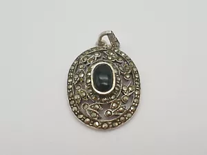Pendente In Onice Argento 925 Con Decorazione In Onice E Marcasite 4,5g - Foto 1 di 3