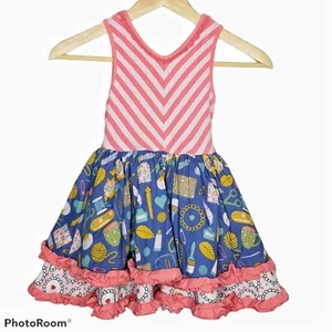 Matilda Jane Size 4 Work of Heart Dress Pink Blue Ruffle Chevron Camp MJC #2715 - Picture 1 of 5