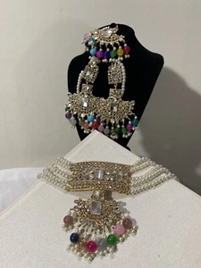 Multicolor Pearl Choker Necklace With Jhumkas /tikka Set Bollywood Style - Picture 1 of 2