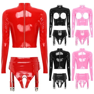 Trajes de baile de aspecto húmedo para mujer Top corto con cremallera trasera hueca con botín corto Foto 1 de 2