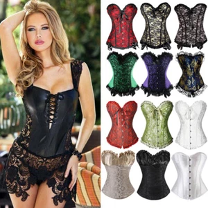 Women Sexy Lace Up Bustier Corset Overbust Burlesque Top Lingerie Waist Cincher - Picture 1 of 33