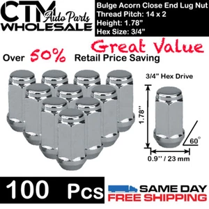 100 PC 1.78" TALL CHROME 14X2 BULGE ACORN LUG NUTS CLOSE END WHOLESALE SAVING - Picture 1 of 2