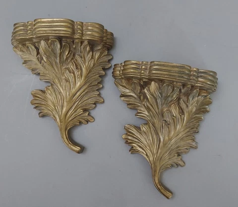 Vtg Pair Corbel Wall Shelf Display Sconce Gold Leaf Resin Hollywood Baroque Cover