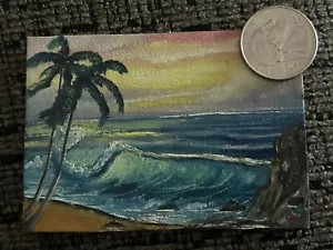 Art Beach Original Handmade Painting Ocean Wave Tree Sunset Beautiful Waves Palm - Picture 1 of 2