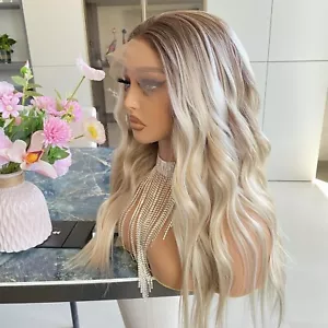 100% Human Hair Ash Blonde Brown Wig Wavy 13x4 Lace Front Wig Platinum Highlight - Picture 1 of 10