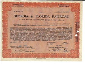 Georgia 1930 Georgia & Florida Railroad Trust Aktienzertifikat  - Bild 1 von 2