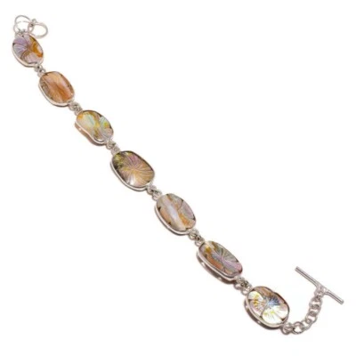 Elongated Oval Carved Mother of Pearl Gemstone Unique Handmade Flower Bracelet - Image 1 of 3