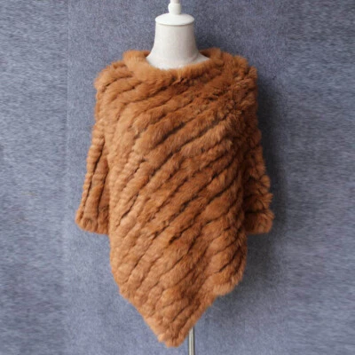 Poncho de piel de conejo real para mujer cálido tejido bufanda chal top de piel natural pulóver Foto 1 de 4