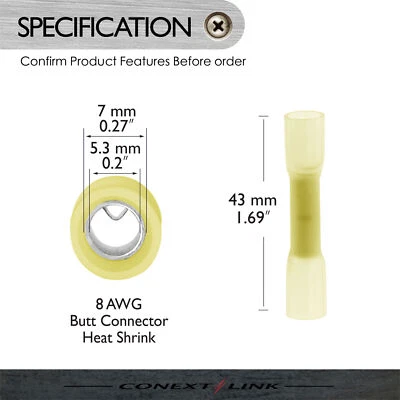 10 Wire Butt Crimp Connector Heat Shrink Yellow 8 awg gauge GA Terminal Radio - Image 1 of 4