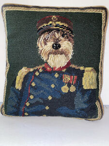 Vintage Needlepoint Pillow with TERRIER DOG Dressed in a Uniform 10"x11"Finished