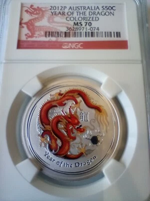 2012-P 50c Australia Year of the Dragon NGC MS70 Colorized (Red/Yellow) Pop 376  - Image 1 of 4