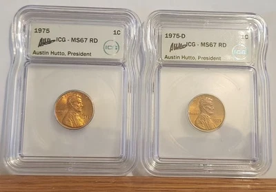 1975 AND 1975 D Lincoln Memorial Cent ICG MS67 RD (RARE) AUSTIN HUTTO SIGNED - Image 1 of 4