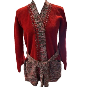 Vtg 60s Woolco Stroller Ikat Variegated Sweater Belted Cardigan Womens M Acrylic - Picture 1 of 7
