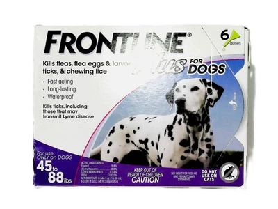 FRONTLINE PLUS DOGS 45-88Lbs CONTROLE DE PULGAS E CARRAPATOS 6 DOSES NOVO EM FOLHA, LACRADO - Imagem 1 de 4